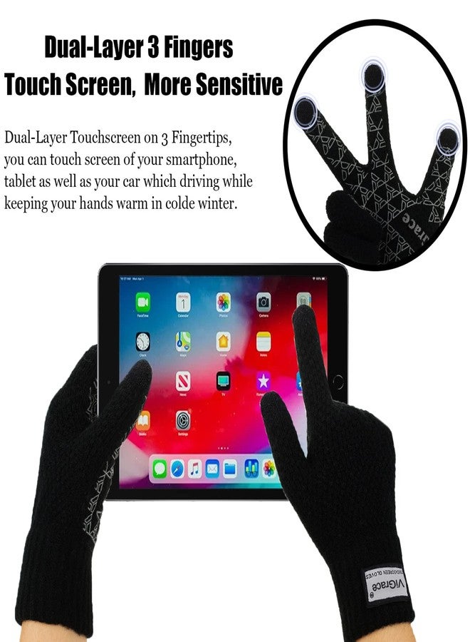 ViGrace Winter Warm Touchscreen Gloves for Men and Women Touch Screen Fleece Lined Knit Anti-Slip Wool Glove (Black, Large) - Image 2